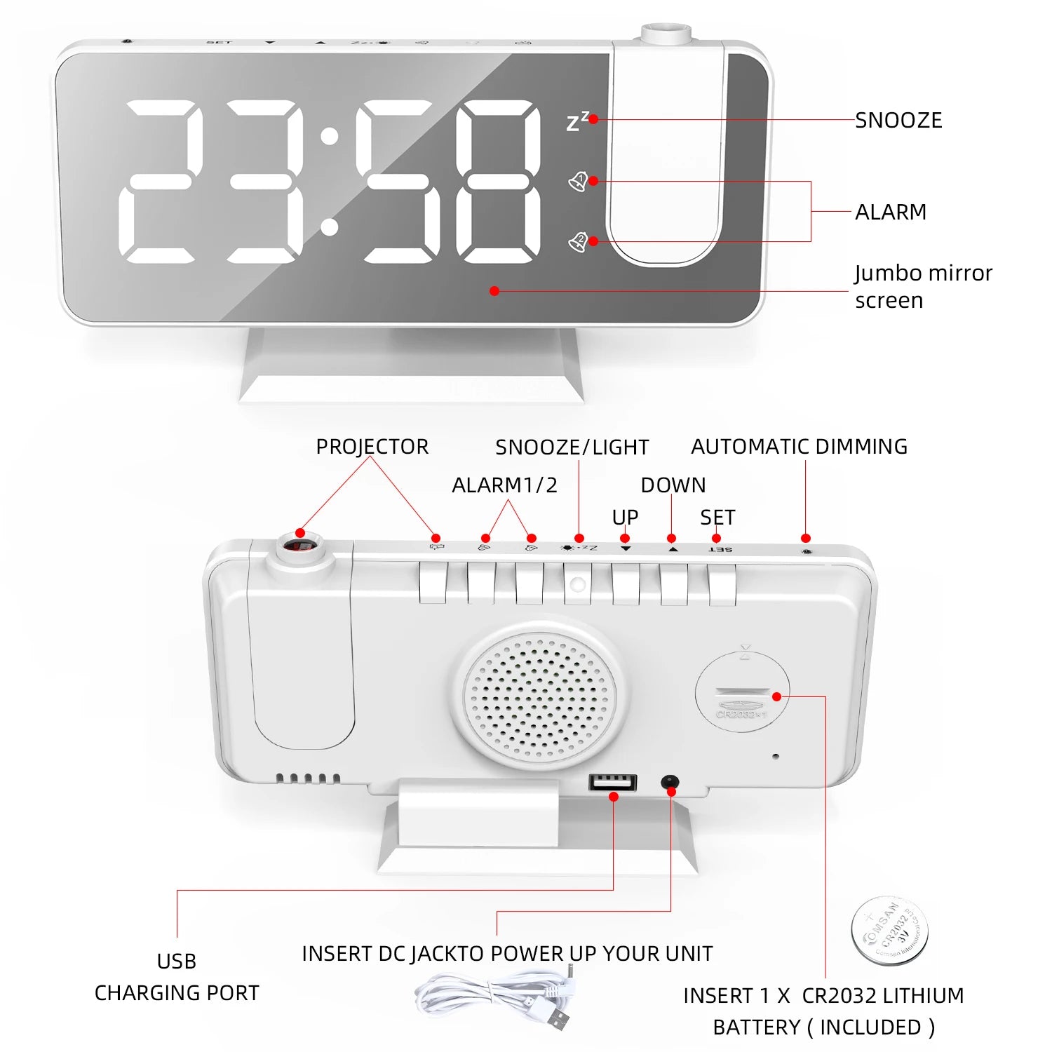 Relógio de mesa projeção hd grande display led digital projeção de teto despertador mesa digital escurecimento automático